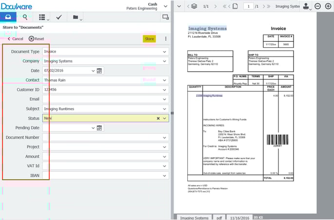 Archiving straight out of the box: DocuWare automatically provides you with a filing dialog that contains pre-defined fields like this.