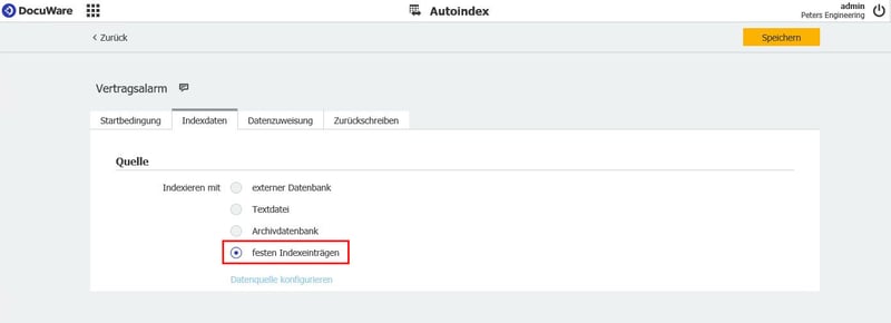 Im „Indexdaten“ und wählen Sie für die Quelle die Option Indexieren mit festen Indexeinträgen: 