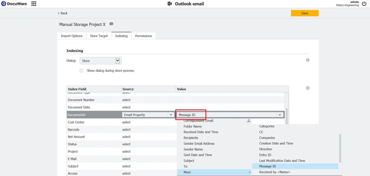 When filing an email, Connect to Outlook writes the message ID to a DocuWare field whose entry may only appear once in the file cabinet. This ensures that an email is not stored multiple times. 