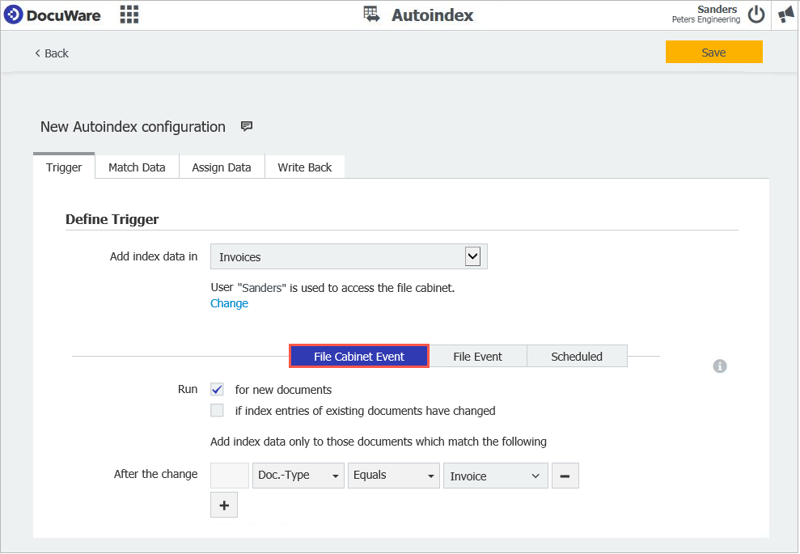 File cabinet event as document-specific launch in Autoindex